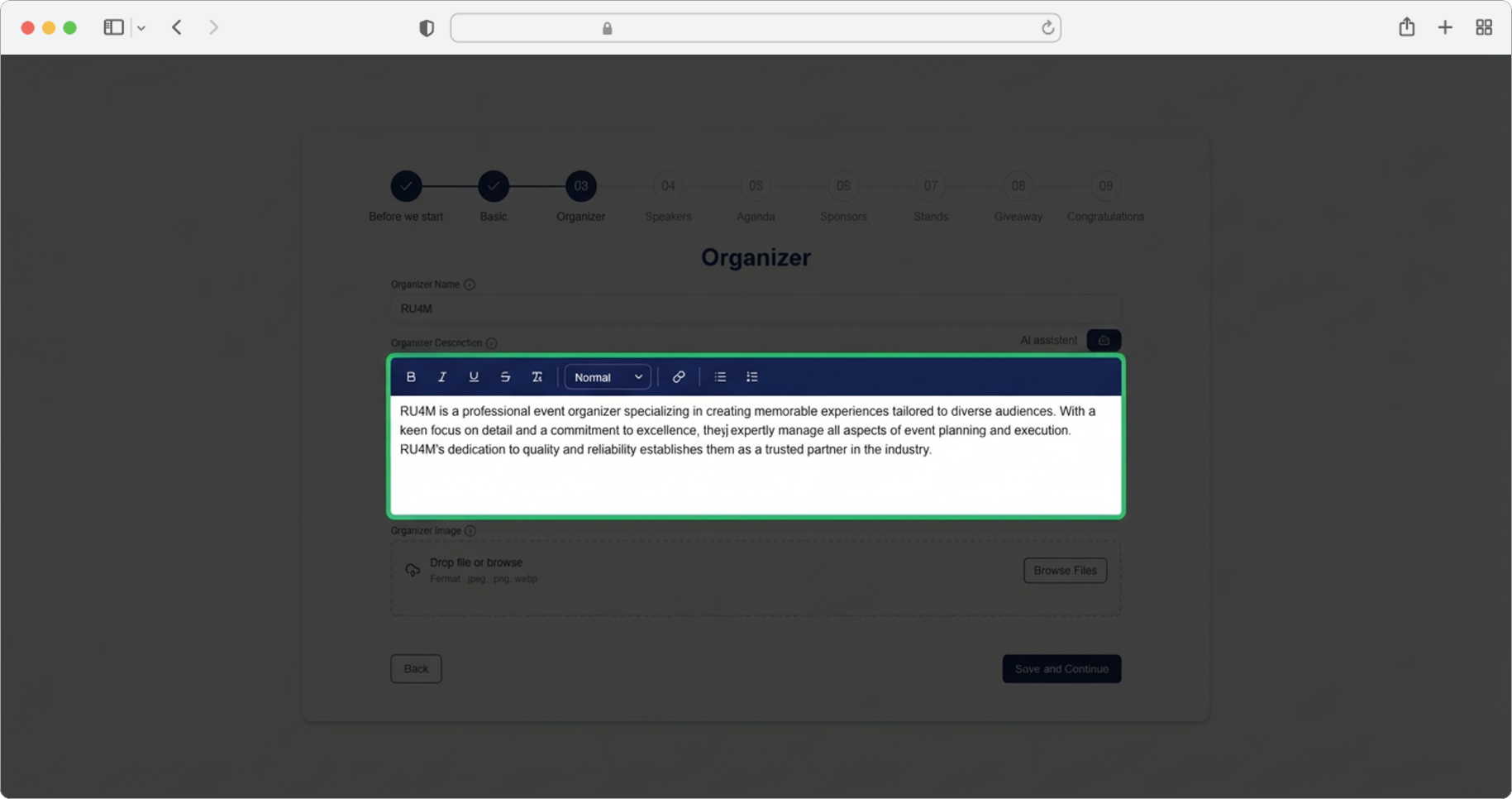 Click the "Description" field and enter details about the organizer, or use the AI assistant